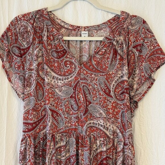 Old Navy Waist-Defined Maxi Dress Med Tiered Hem Paisley Floral Peasant Coquette - Picture 2 of 12